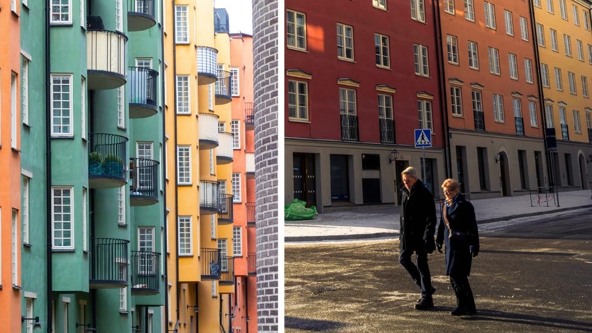 Bostadsrätter och bostadshus. Ett äldre par som går på en gata.