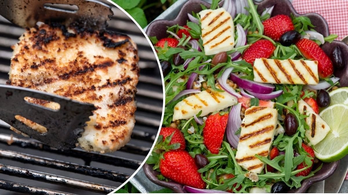 Bilder på halloumi och en sommarsallad med halloumi.