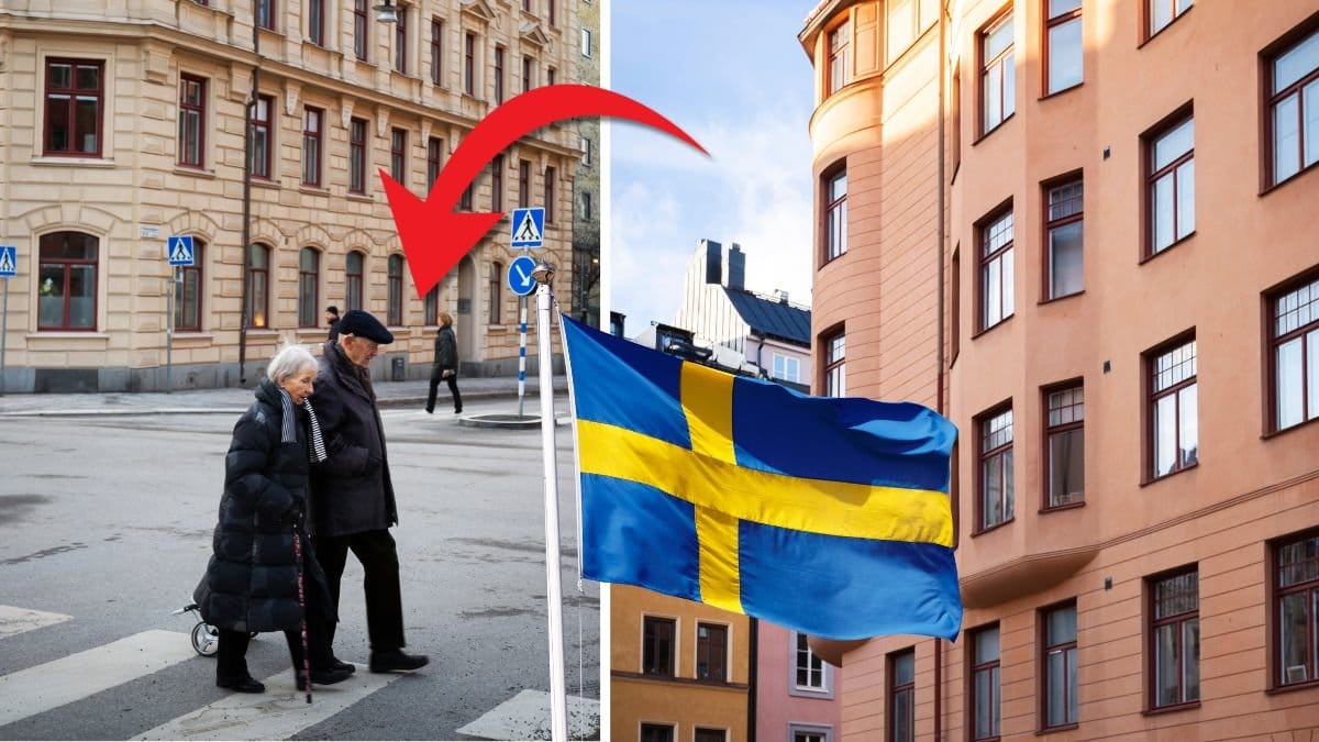 Pensionärer går över gatan i stan och ett lägenhetsområde.