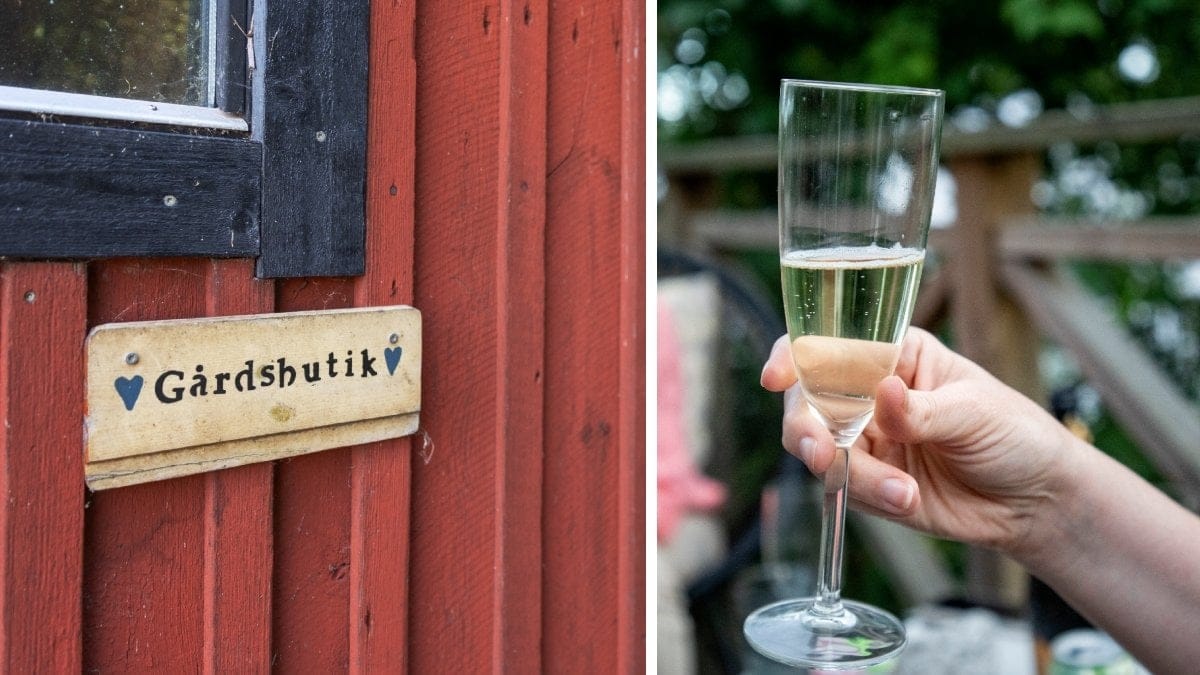 Bilden till vänster visar en skylt med texten gårdsbutik. Bilden till höger visar en hand som håller i ett champagneglas.