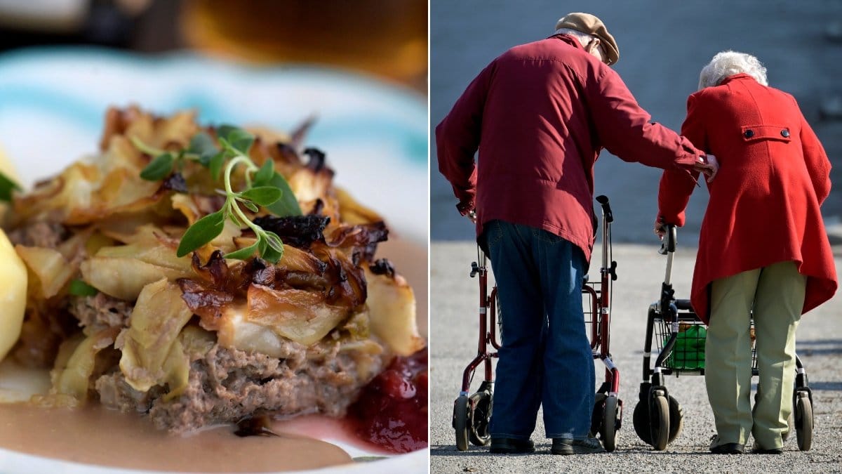 Bild på kålpudding och ett äldre par i röda jackor på promenad.