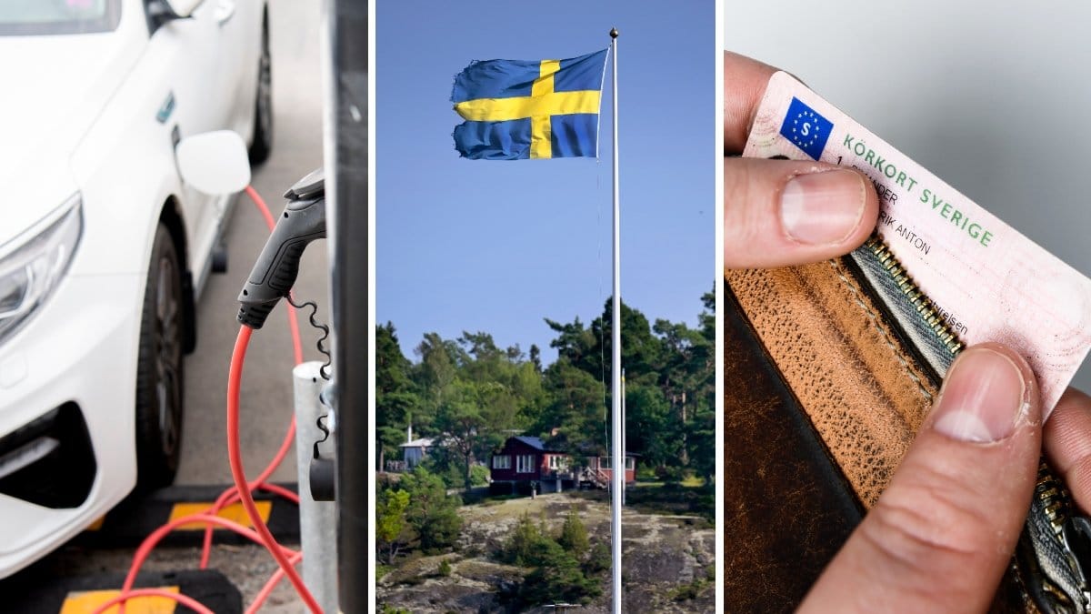 En elbil står och laddar, en svensk flagga och en person som håller i en plånbok med ett svenskt körkort i.