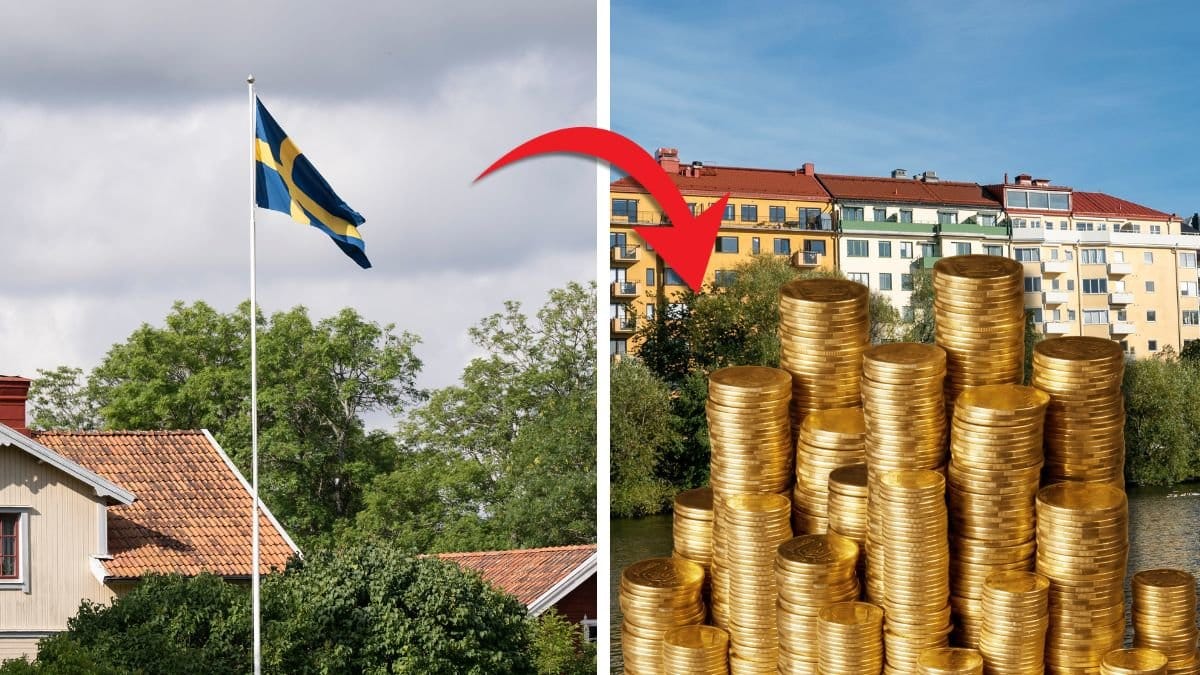 Bostad och Sverigeflagga på en tomt, samt ett bostadshus.