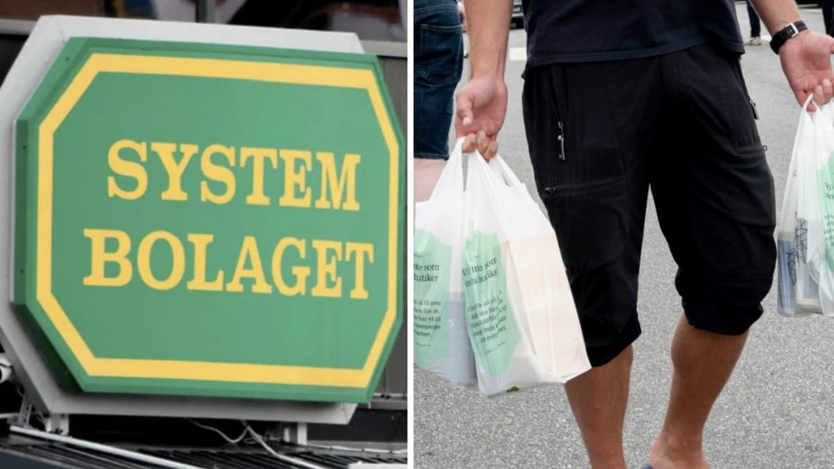 Systembolagets kunder diskuterar användningen av plastpåsar.