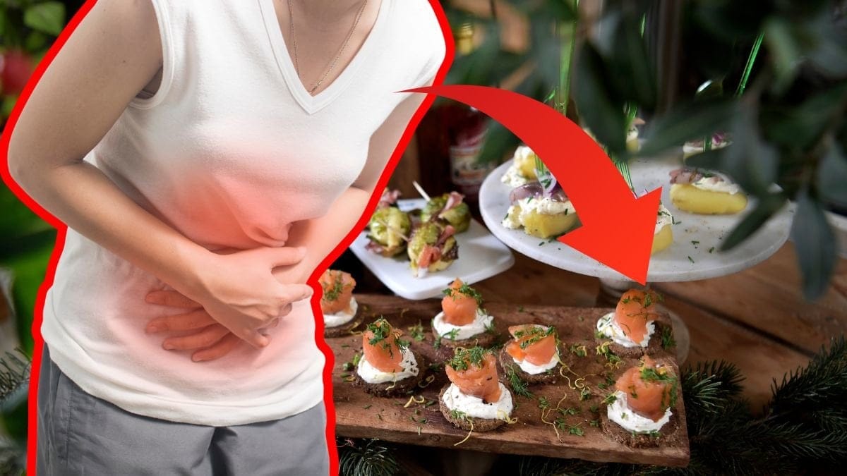 Person som håller för sin mage utklippt i vänstra hörnet. Bakgrunden är på julmat.