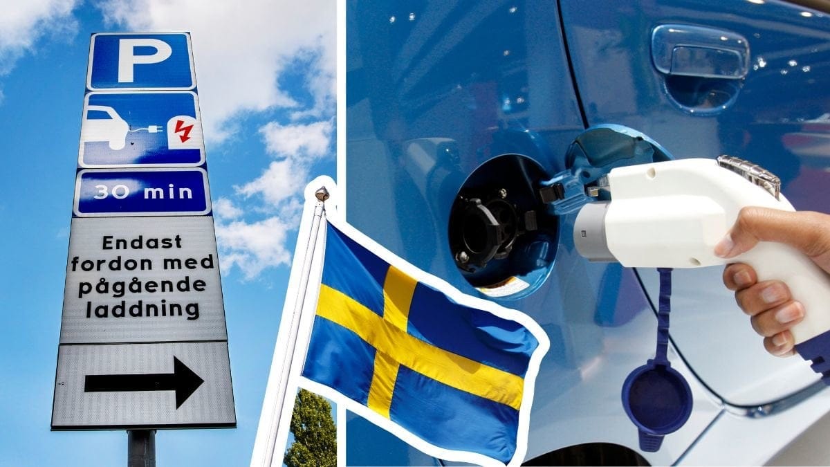 Laddskylt och ladda en elbil.