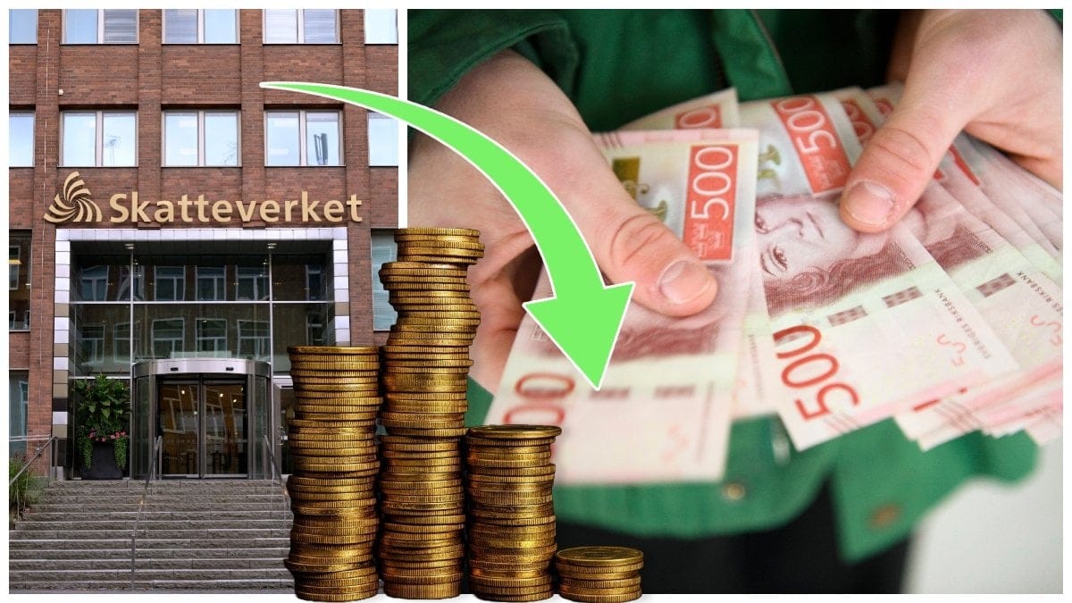 Skatteverkets huvudkontor och en person med femhundralappar i handen.