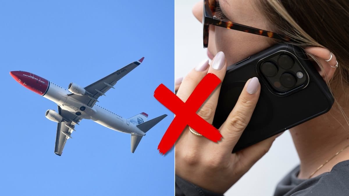 Genrebild på flygplan och kvinna som pratar i telefon.