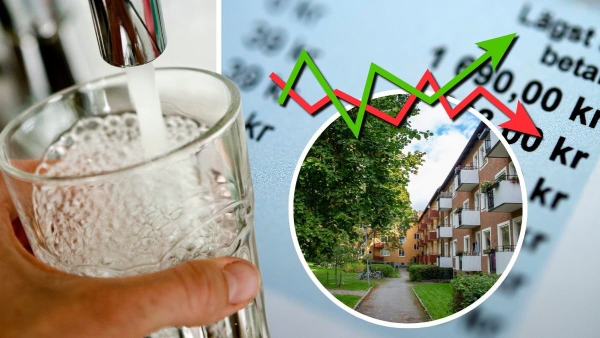 Ett glas som fylls med kranvatten, en räkning och ett bostadsområde i Sverige.