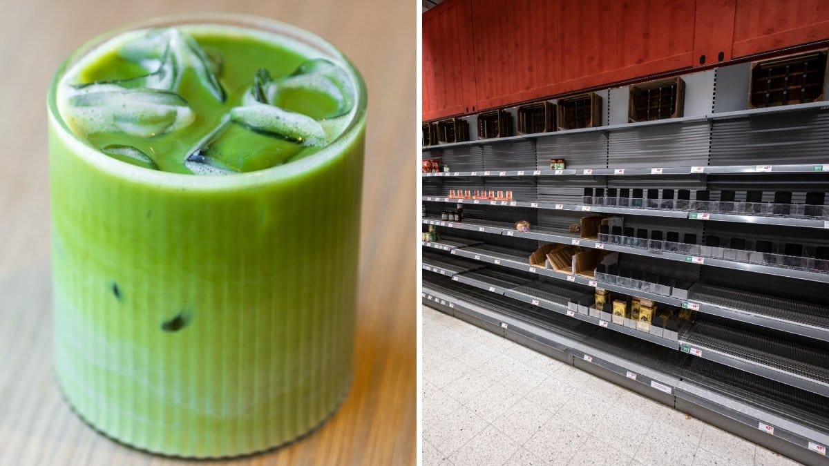 Bilder på matchalatte och tomma butikshyllor.