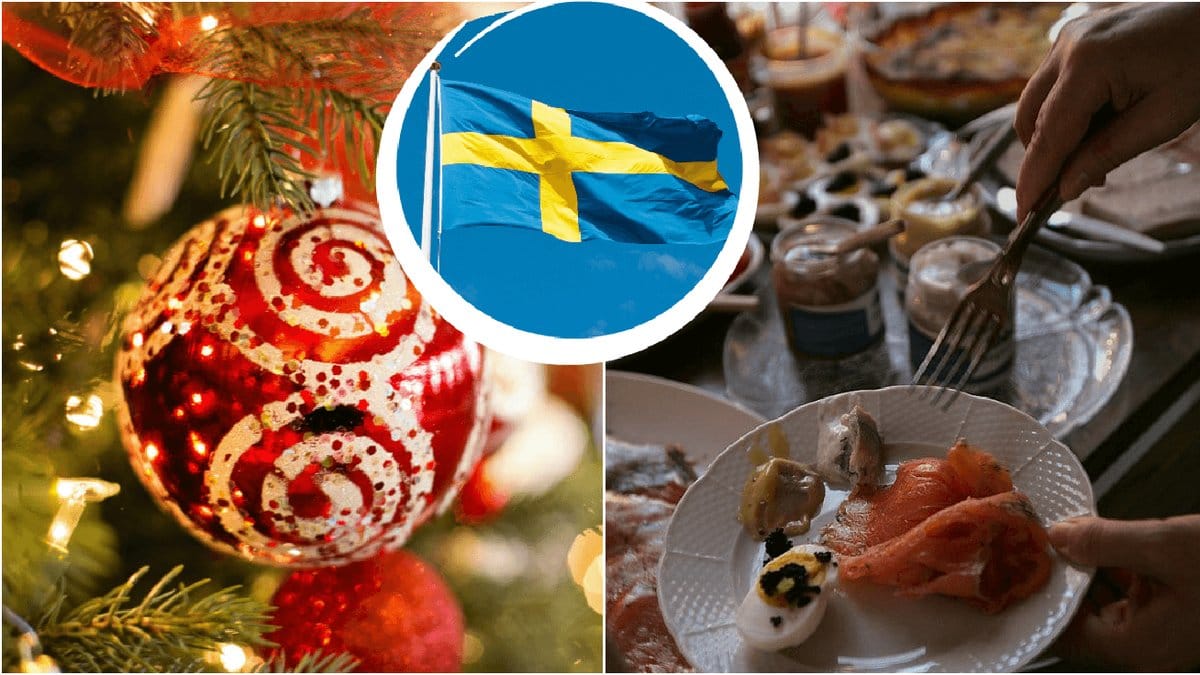 En röd julkula och en tallrik med mat från ett julbord.