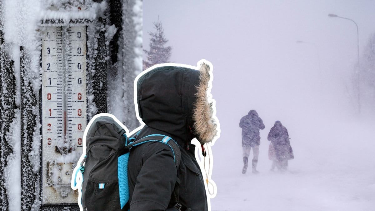 Termometer, vinterjacka och ett par i en snöstorm.