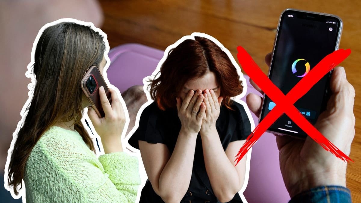 Olycklig kvinna, kvinna som ringer och swish