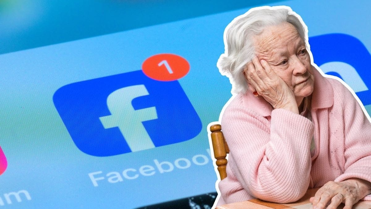 Facebooks app och en ledsen äldre kvinna.