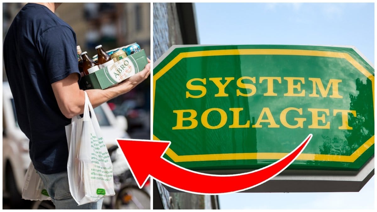 Man som bär på ett ölflak och Systembolagets skylt. 