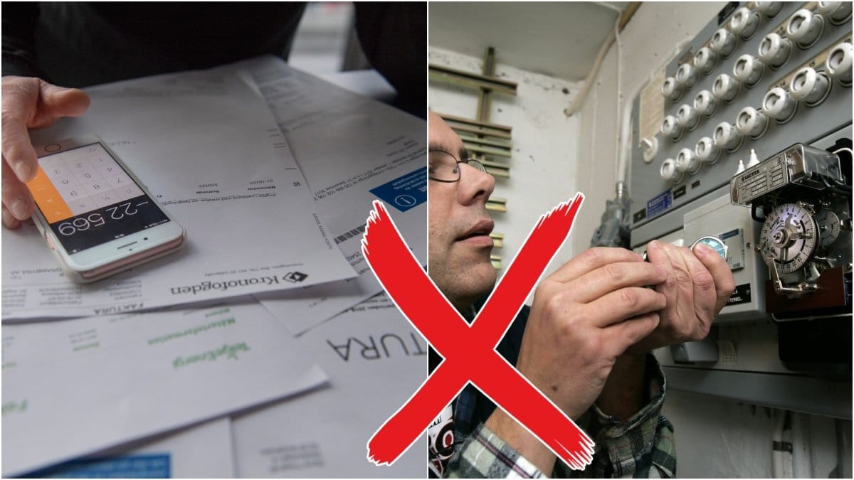 Bild på en räkning med ett högre elpris och en bild på en man som installerar en värmepump/proppskåp. 