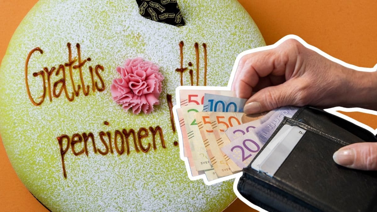 Grattis till pensionen-tårta och plånbok med sedlar i olika valörer.