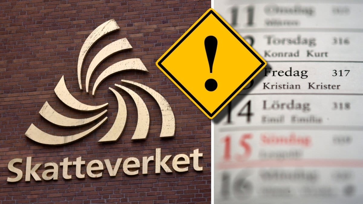 Skatteverkets logga och en bild på en kalender med en varningstriangel på.