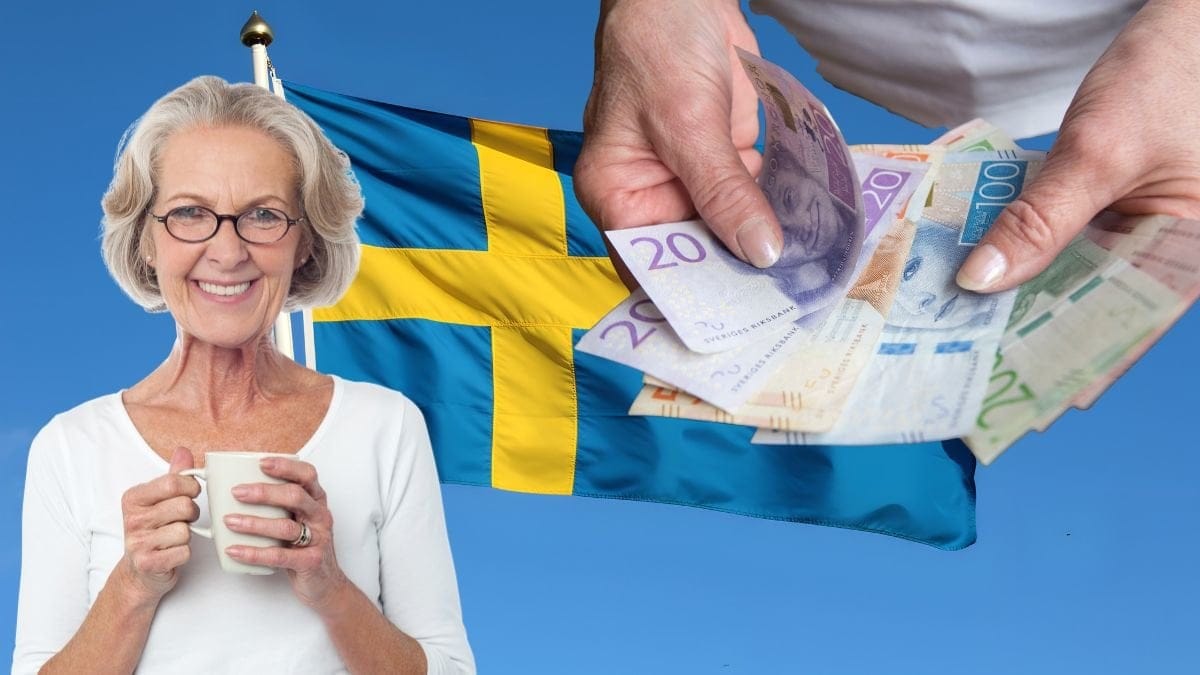 Svenska flaggan, pengar och en glad kvinna.