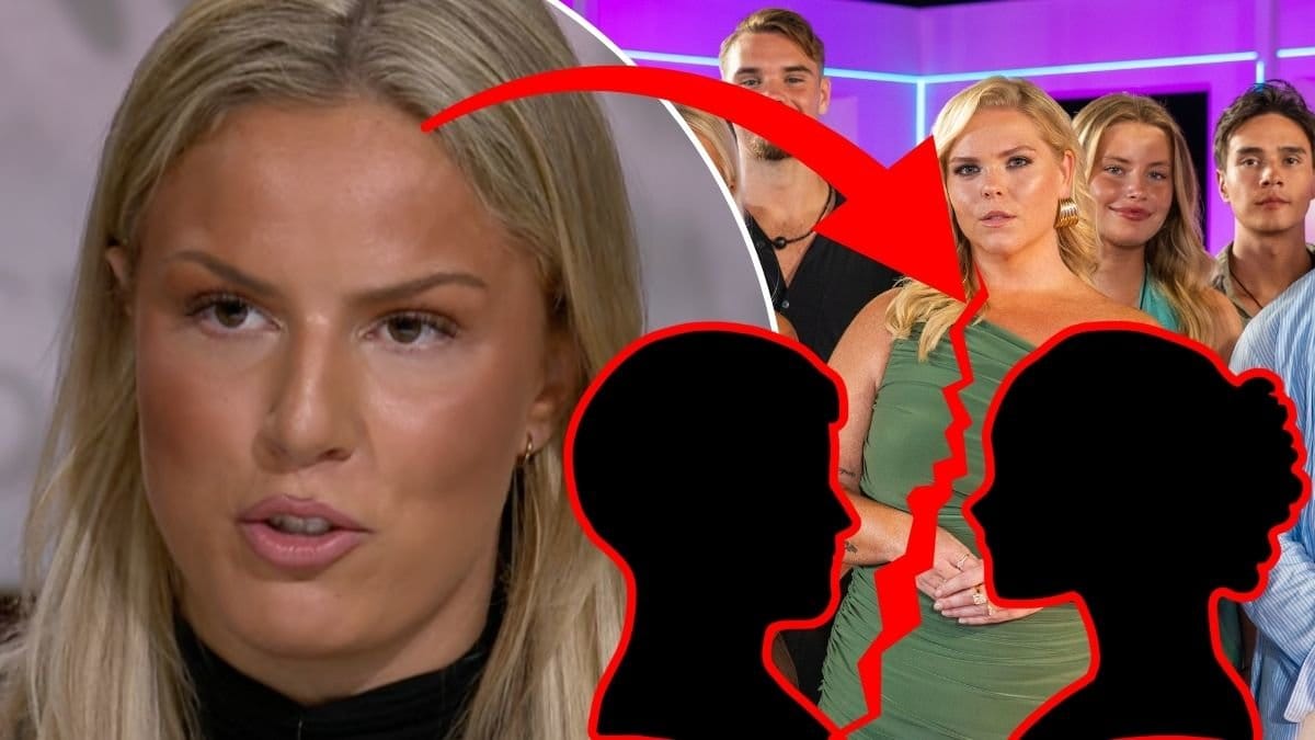 Perla Rainey Malmberg vänster, Love ISland deltagare höger. Siluett man och kvinna höger, bristning mellan dem. Röd pil pekar på siluetterna från bilden på Perla.