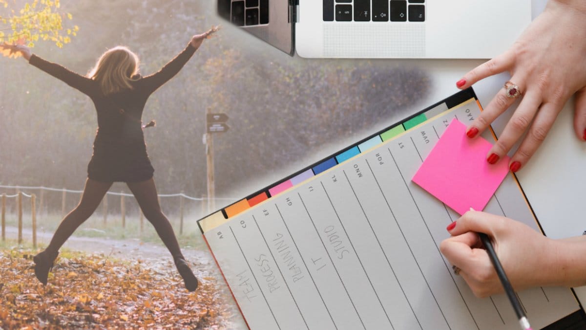 tjej hoppar i höstlöv, kvinna skriver på post-it-lappar