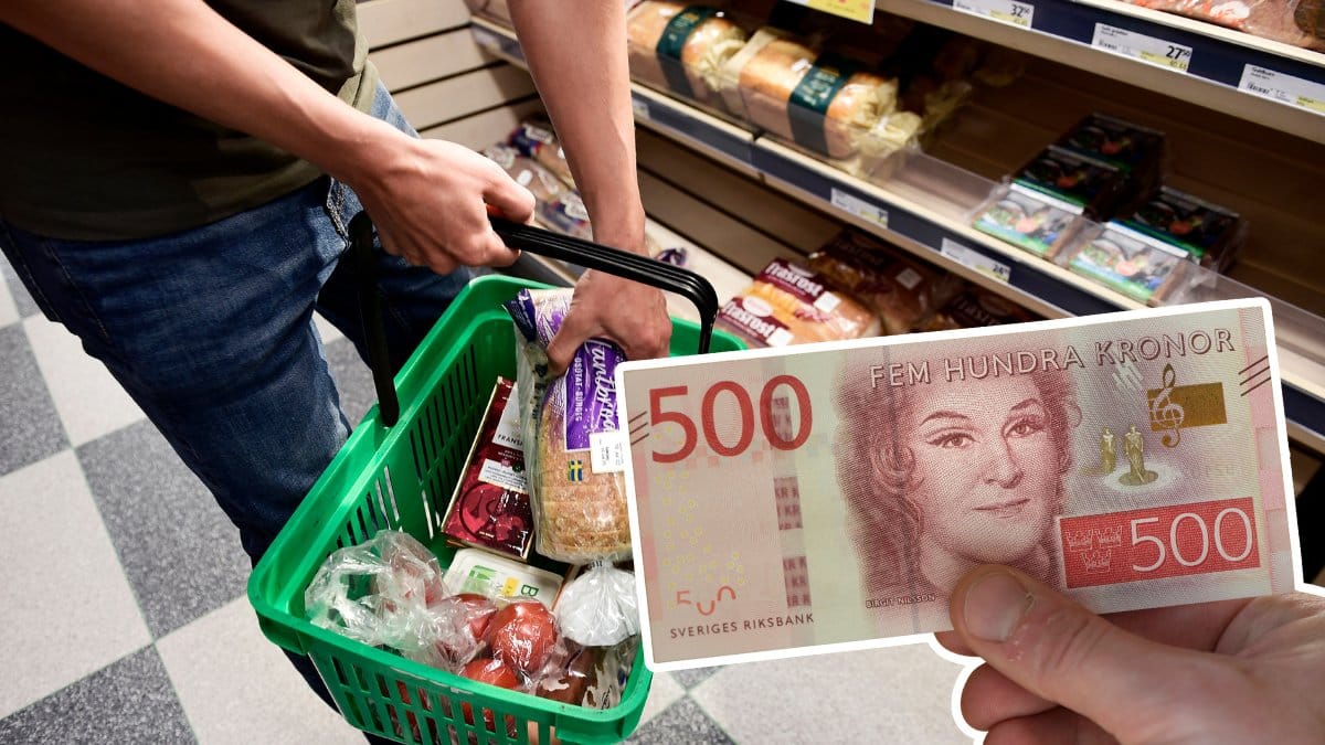 Person i matbutik med full kundkorg i bakgrunden. En utklippt hand som håller en femhundralapp höger.