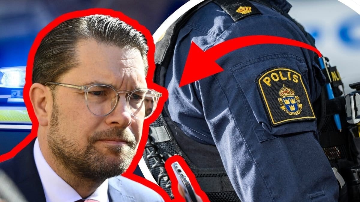 Blåljus vänster. Jimmy Åkesson vänster. En polisarm höger.