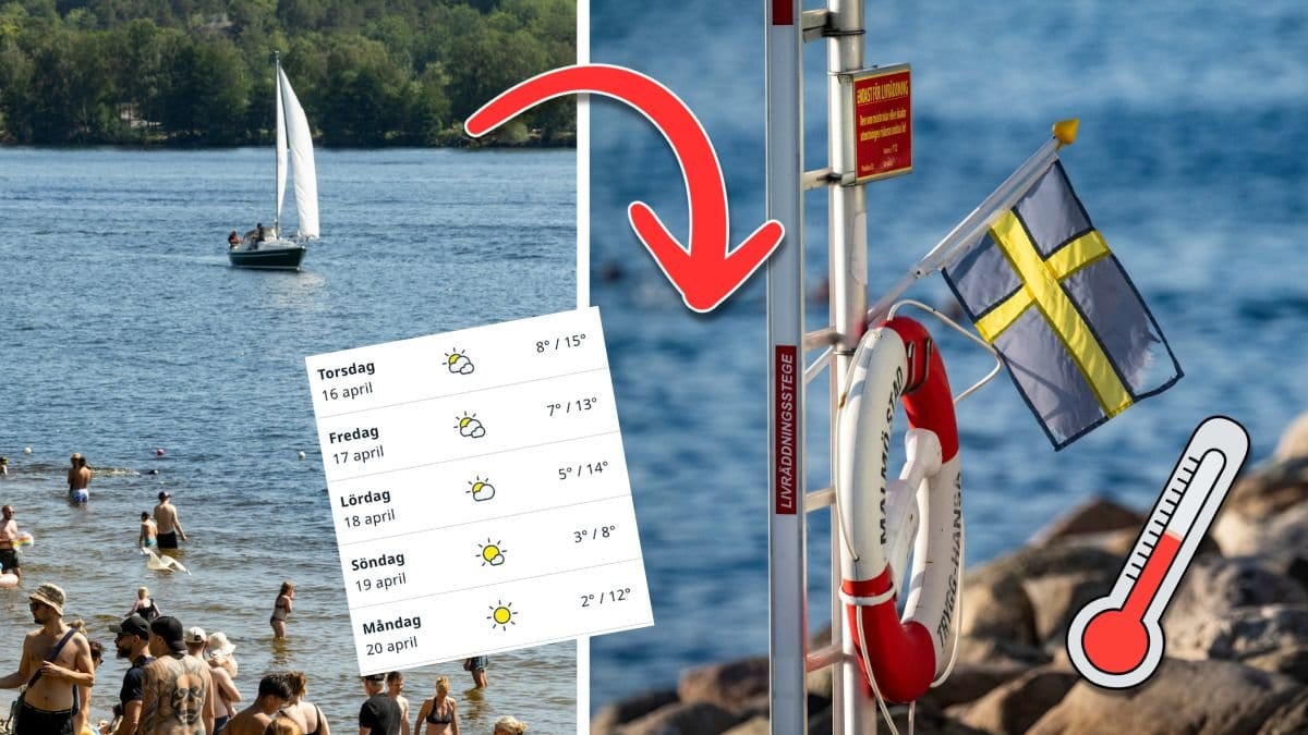 Badstrand, smhi:s väderprognos och en badring.