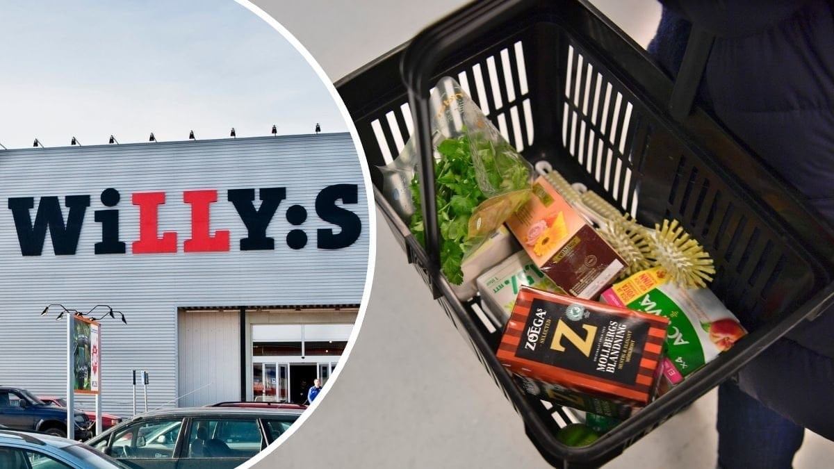 Bilder på en kundkorg och en Willys-butik.