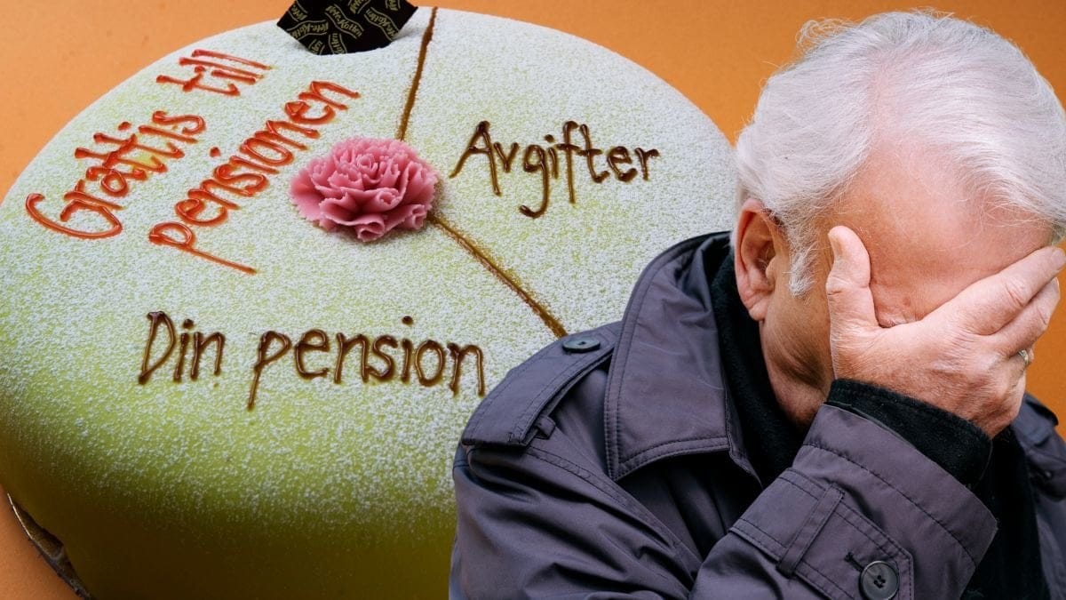 En tårta och en man som har begravt ansiktet i händerna.