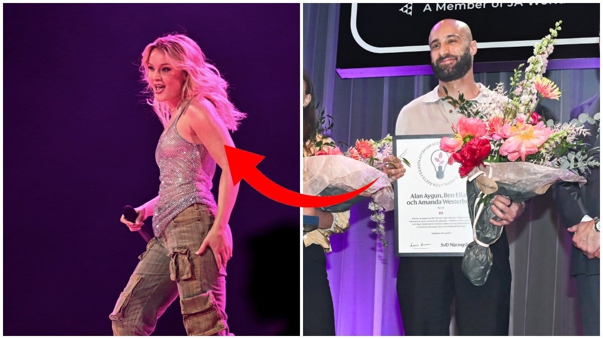 Zara Larsson till vänster står på scen och uppträder. Till höger står Ben Eliass och tar emot pris. Bilden är ett collage.