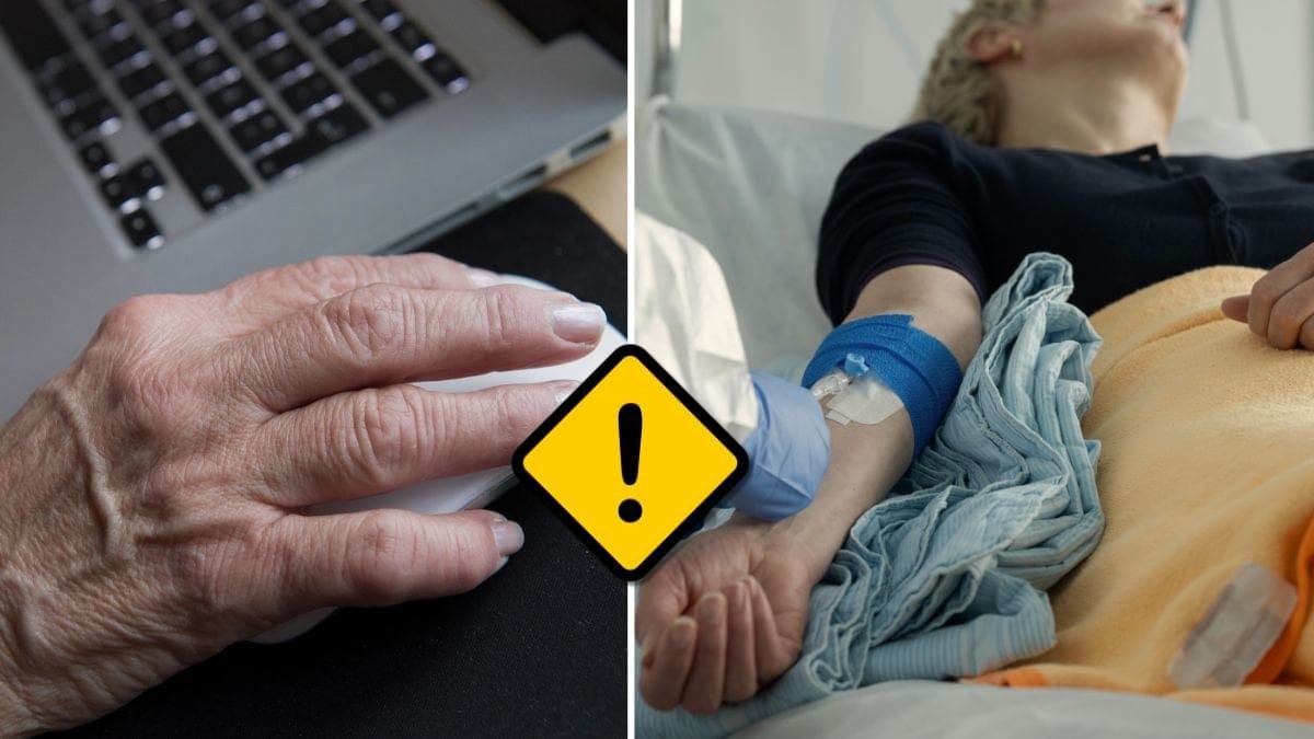 Äldre person som sitter vid datorn och en patient.