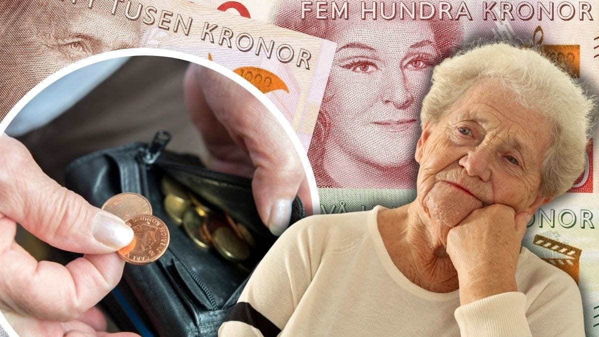 Plånbok med mynt, kvinna som ser nedstämd ut och svenska sedlar i bakgrunden.
