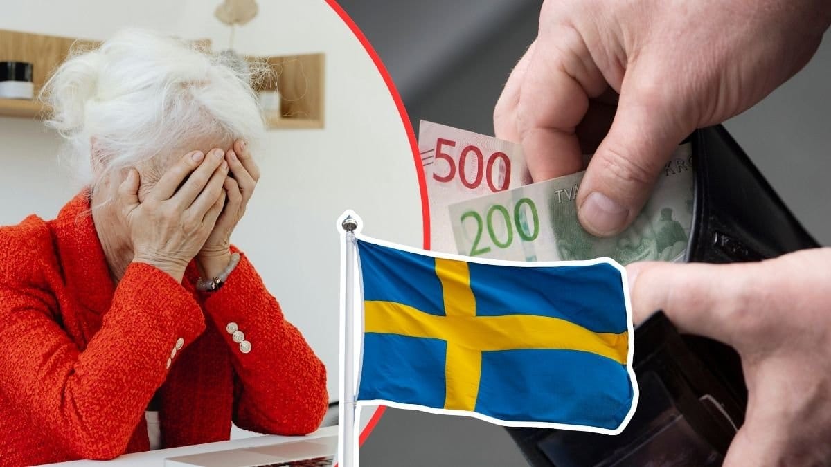 ledsen tant, svensk flagga, plånbok