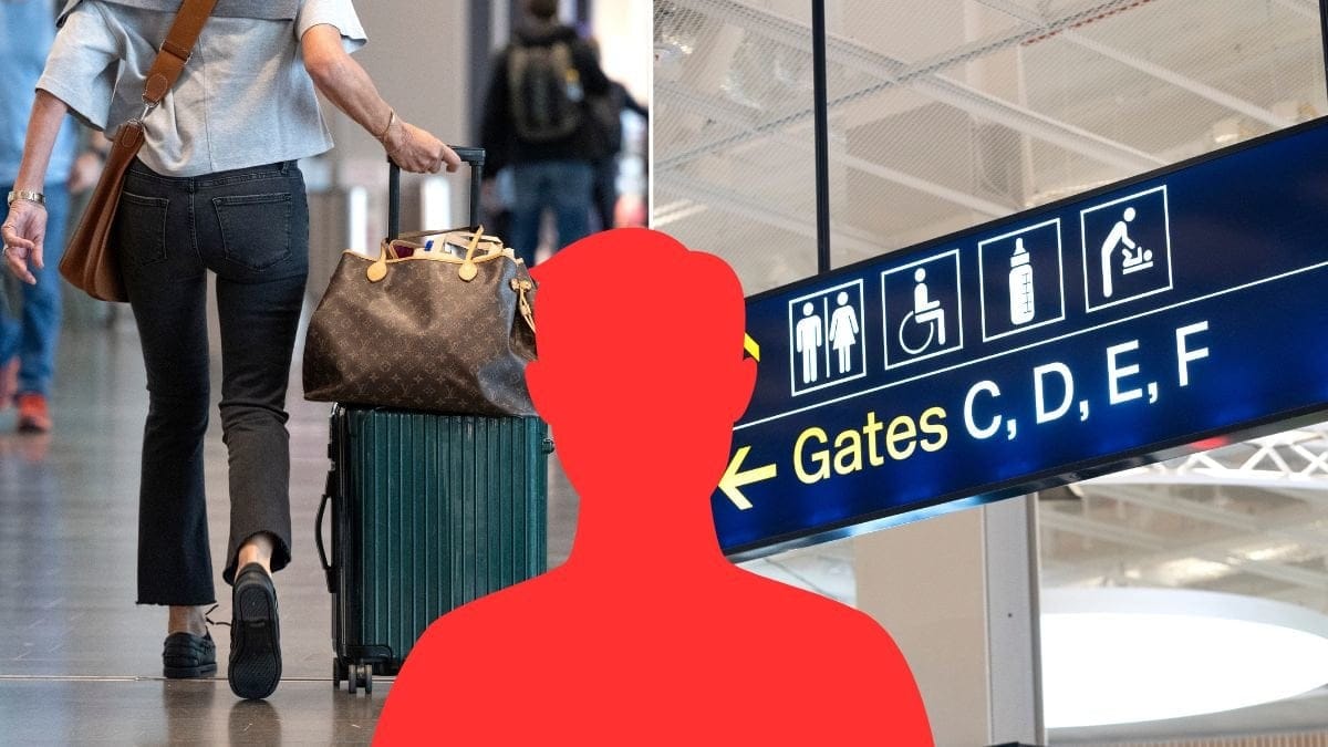 Kvinna med väska och gateskylt på Arlanda