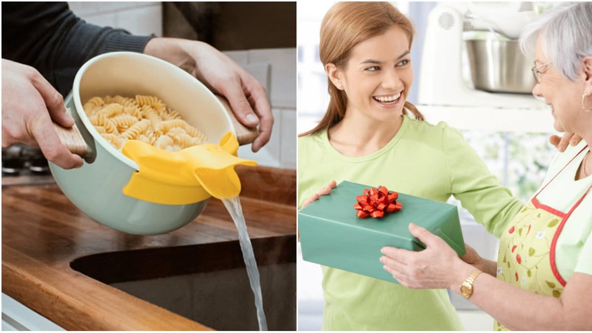 Kollage med durkslag och dotter som ger present till sin mamma.