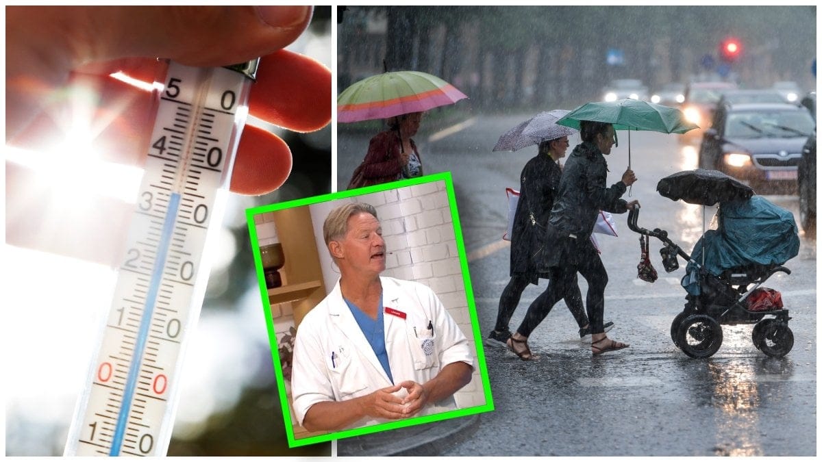 Termometer som visar höga temperaturer, överläkaren Mikael Sandström och personer som promenerar i regn