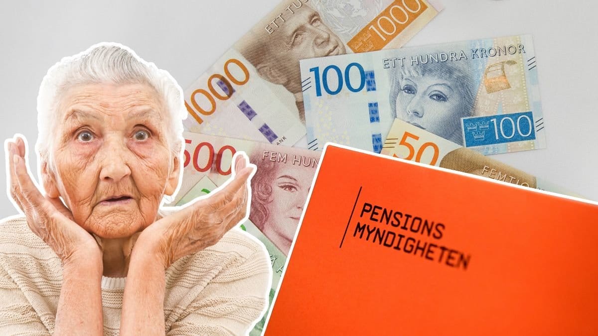 Kvinna, brev från Pensionsmyndigheten och sedlar.