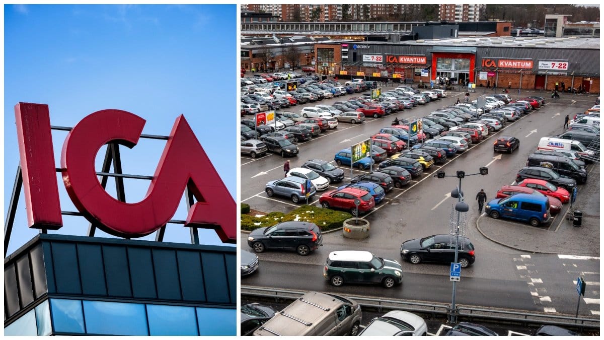 Ica-skylt och parkering på Ica Kvantum-butik.
