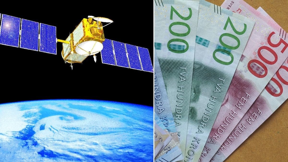Satellit i rymden och svenska sedlar.