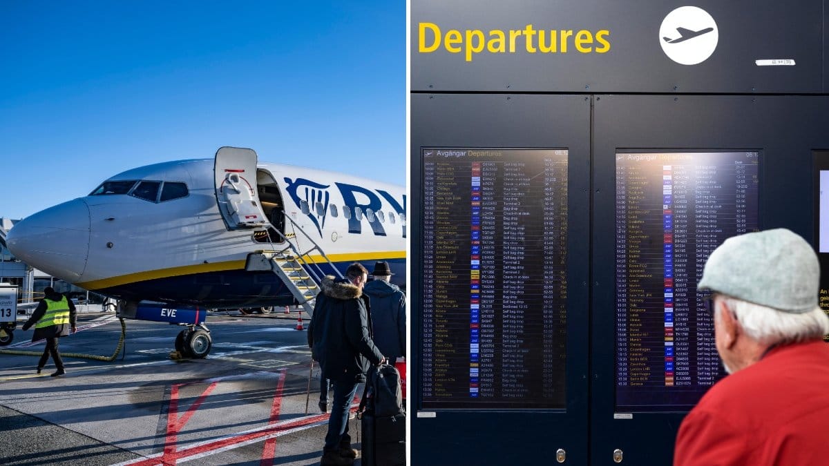 Bild på ett flygplan och en avgångstavla.