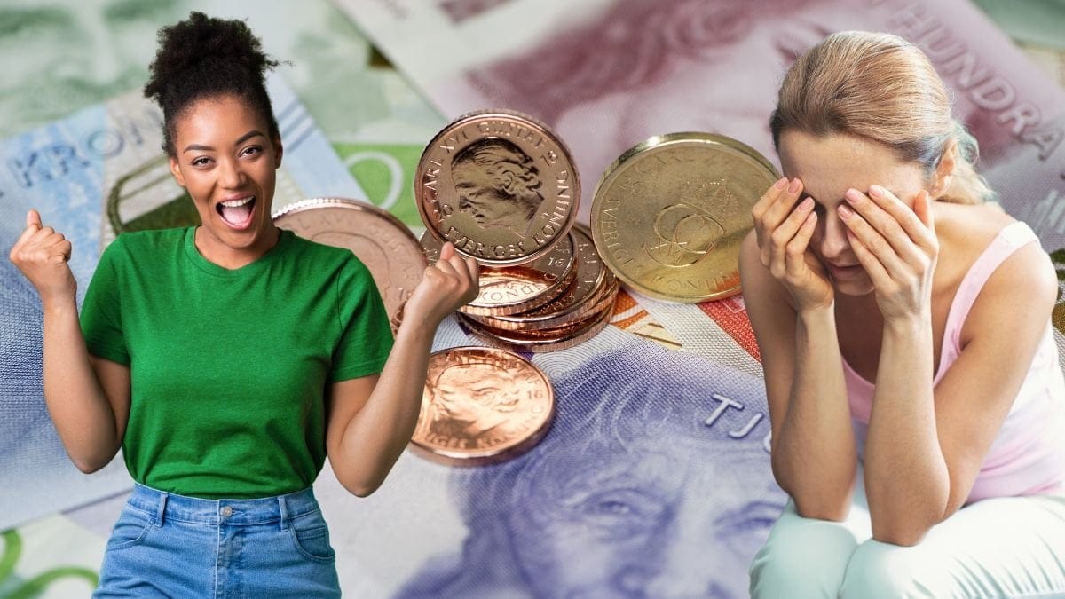 Pengar, en glad och en mindre glad kvinna.