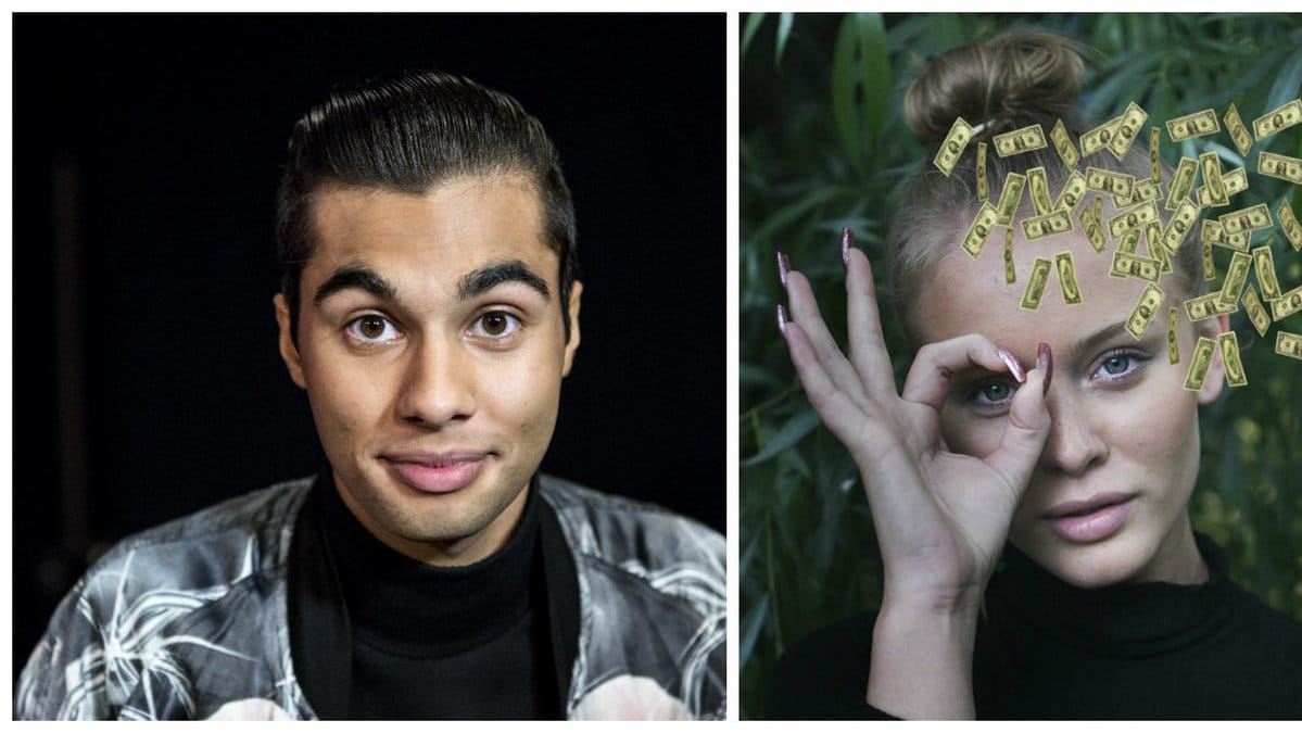 En bild på skådespelaren William Spetz och sångaren Zara Larsson samt inklippta sedlar. 