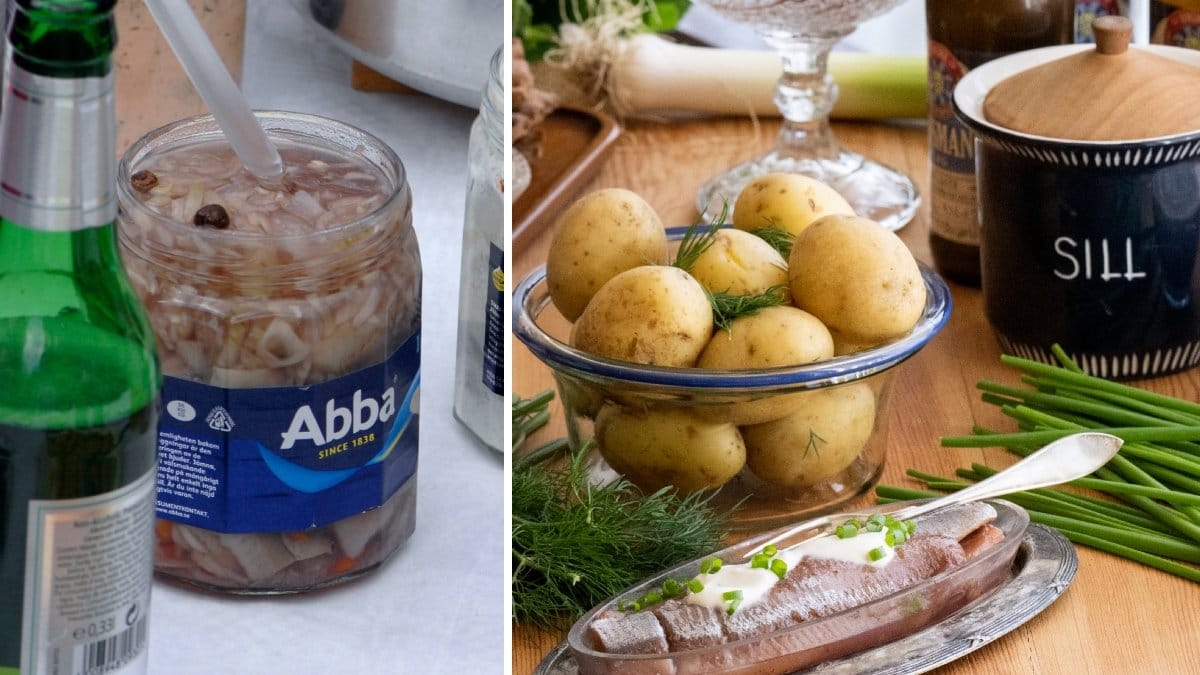 Bilder på sill och en midsommarlunch med färskpotatis.