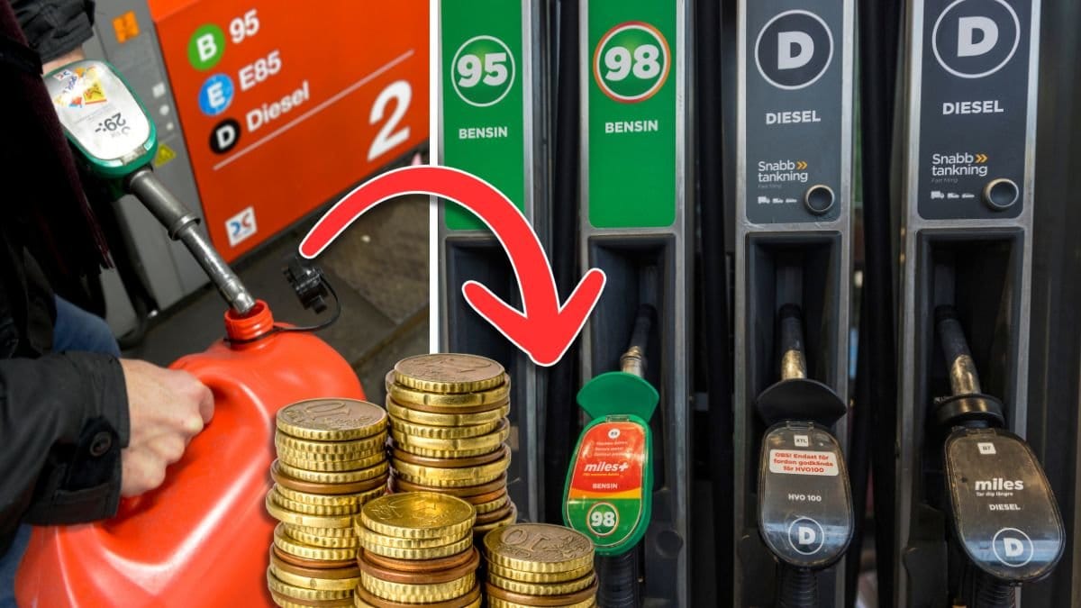 Tanka med bensindunk och bensin och diesel vid pumparna.