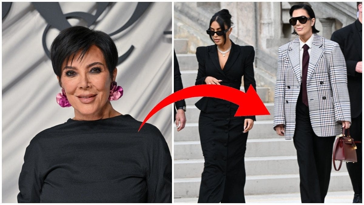 Kris Jenner ler mot kameran på röda mattan. Till höger syns en bild när hon och dotter Kim Kardashian går ner för en trappa i samband med rättegången i Paris.