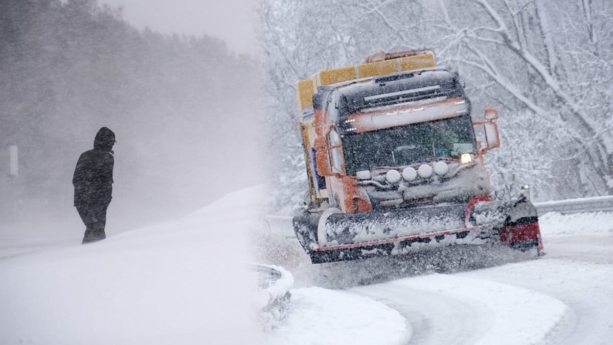 En människa går i snön, en snöplog röjer snö.