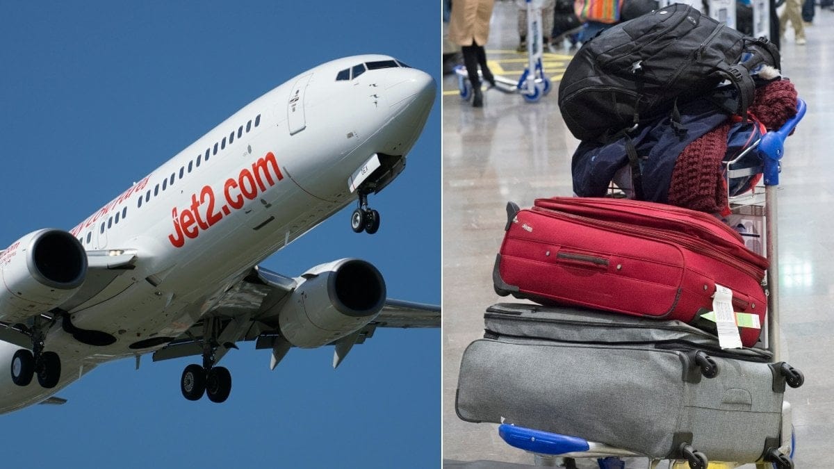Bild på ett flygplan och resväskor.