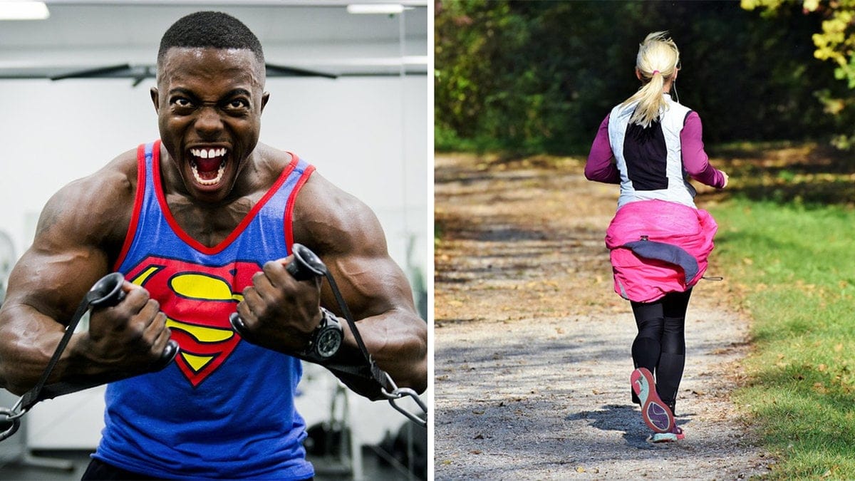 en man gymmar, en kvinna springer