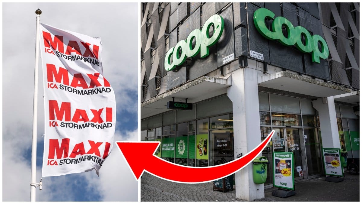Ica Maxi-flagga och ingång till en Coop-butik.